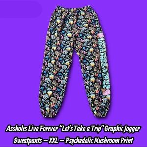 ALF “Let’s Take a Trip” Psychedelic Mushroom Jogger Sweatpants – XXL – Black Mul